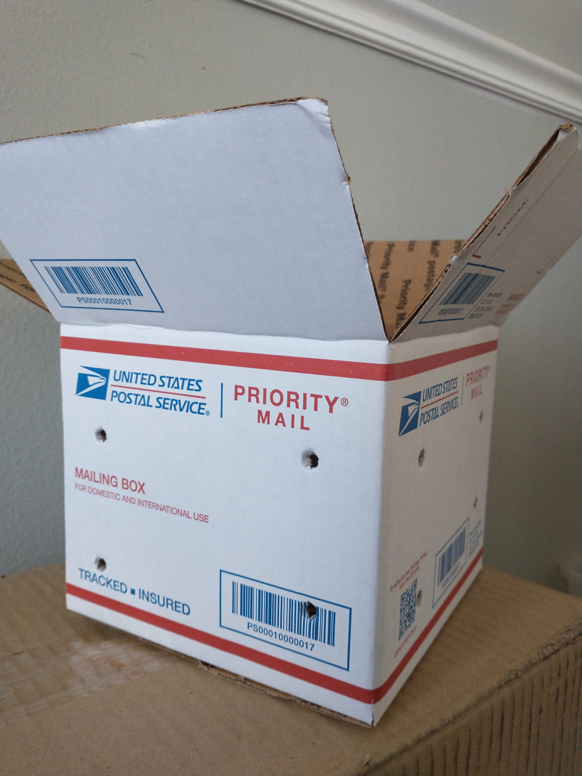 A USPS shipping box with holes poked in it for shipping worms in the mail