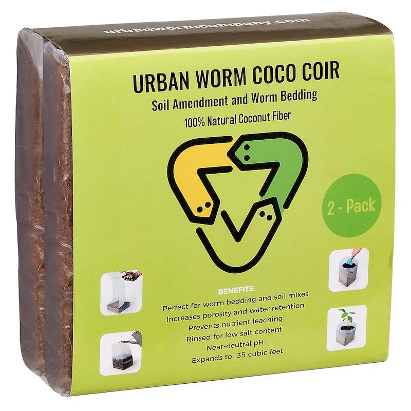 Packaging of Urban Worm Coco Coir with green label and brown coco coir blocks.