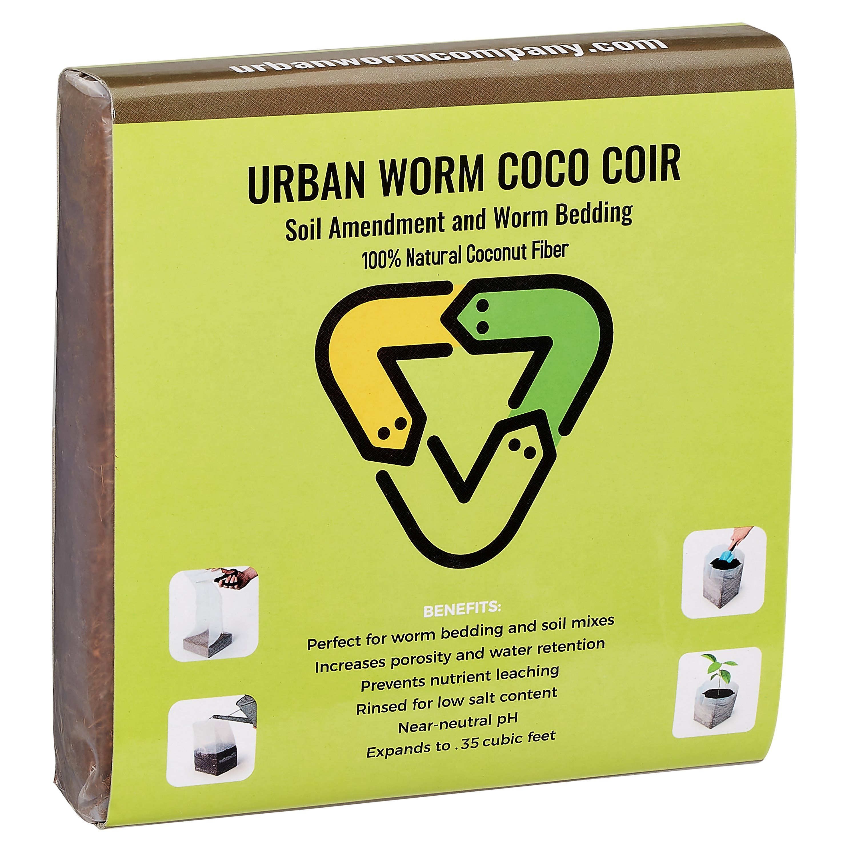 Box of Urban Worm Coco Coir with green label and brown border