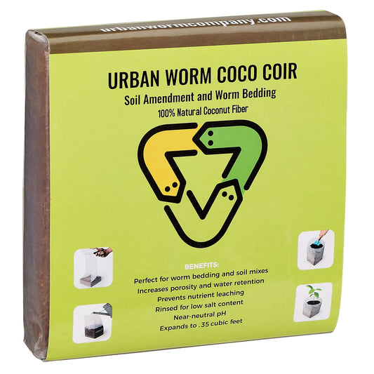 Box of Urban Worm Coco Coir with green label and brown border