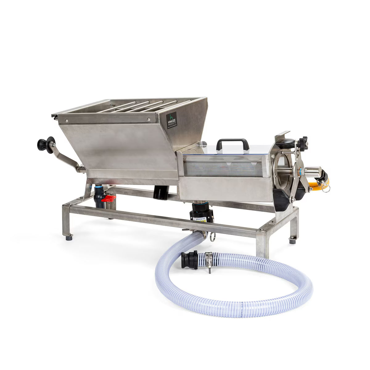 Stainless steel industrial worm extract machine with a hose on a white background