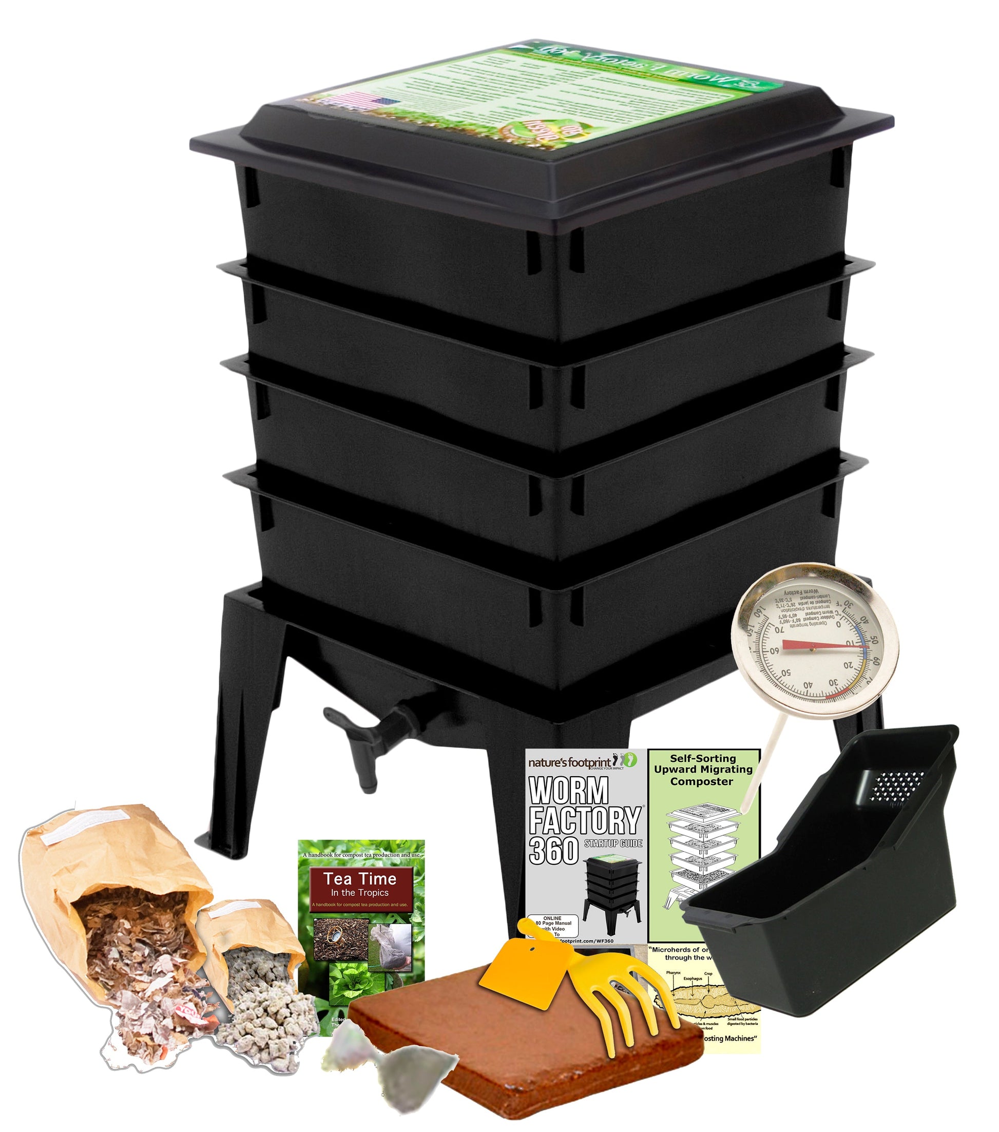 Black worm composting bin with accessories on a white background